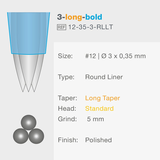 PMU / Tattoo Nadelmodul 3er Round Liner Long Taper 0,35mm Vision blue® Beauty Boss Academy