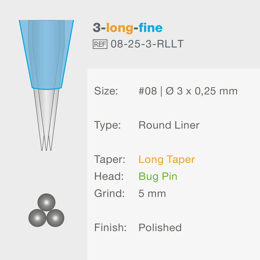 PMU / Tattoo Nadelmodul 3er Round Liner Long Taper 0,25mm Vision blue® Beauty Boss Academy