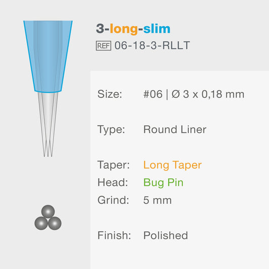 PMU / Tattoo Nadelmodul 3er Round Liner Long Taper 0,18mm Vision blue® Beauty Boss Academy
